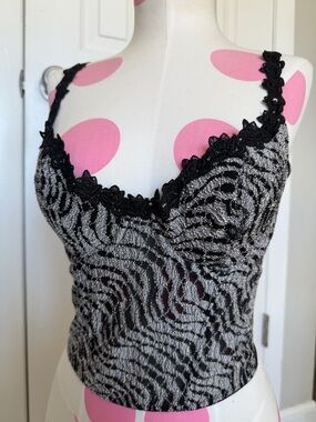 Vintage Oscar de la Renta Black and Silver Zebra Lurex Lace-Trim Tank